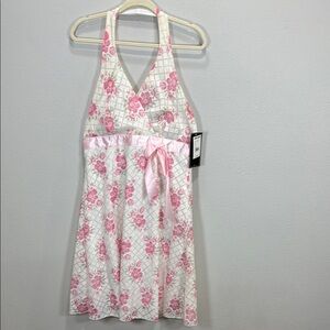 J.T.B. Y2K babydoll halter dress White and Pink‎ Tie Front  Midi Dress mervyns